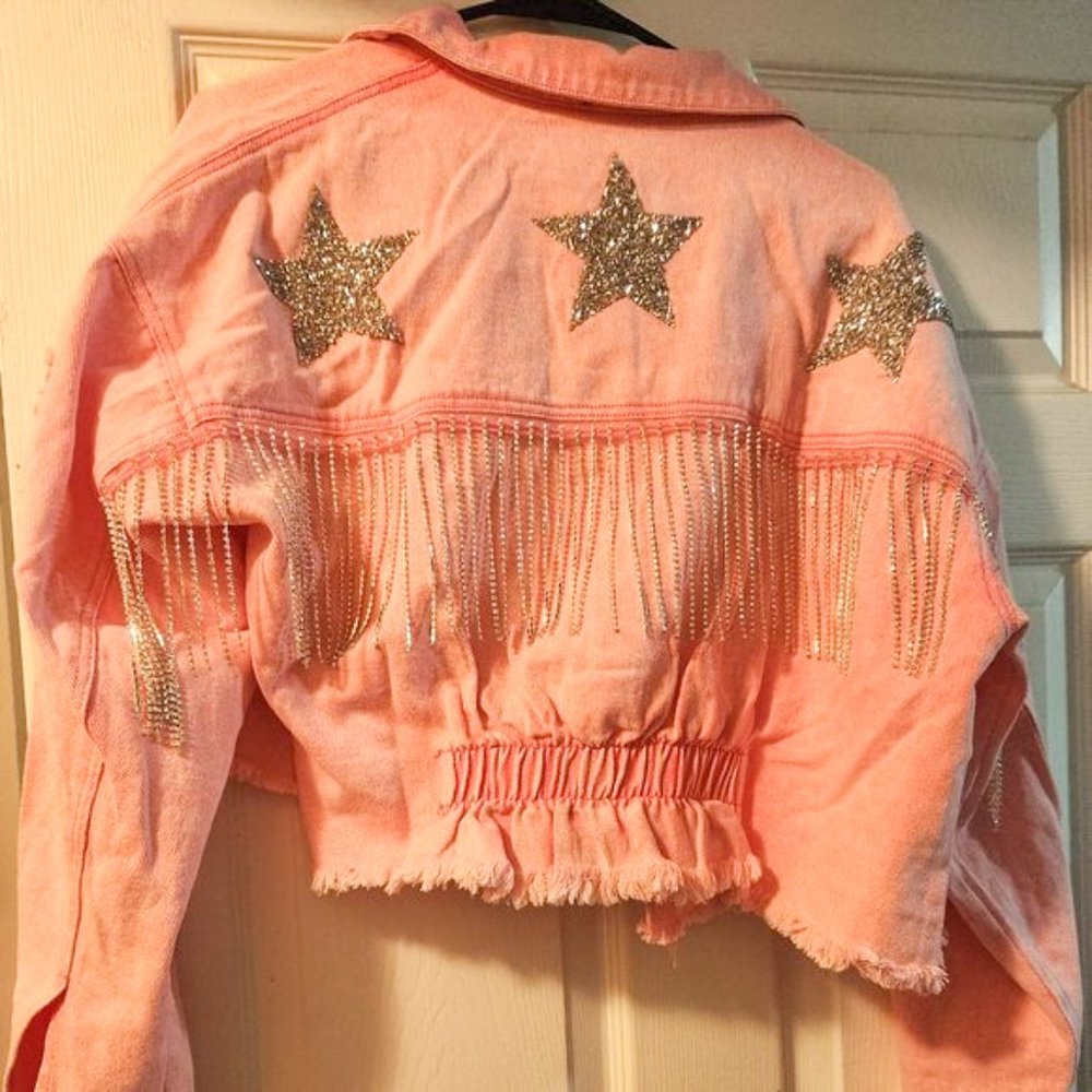 NWT Blue B Denim Cropped Pink Jacket with Fringe Rhinestones and Sparkling Stars